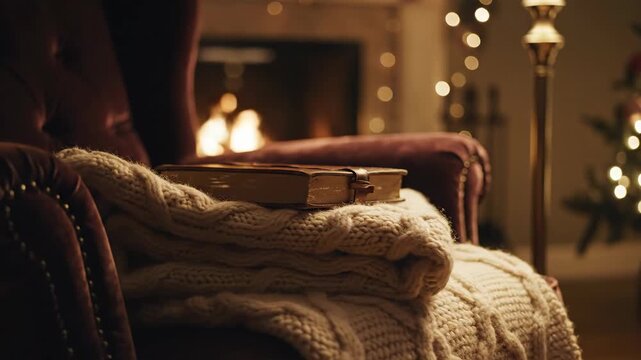Cozy armchair by a lit fireplace, draped with a knit blanket, soft glow of lights in the background