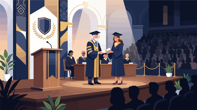 Graduation ceremony with professor and student shaking hands on stage in auditorium with audience