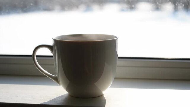 White cup on windowsill, backlit by soft sunlight, creating serene ambiance against blurred background
