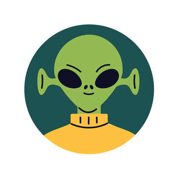 Alien, extraterrestrial character, user profile. Humanoid with large eyes, funny ears, cosmic stranger, strange head portrait, face avatar. Flat vector illustration isolated on white background