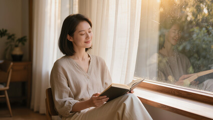 Naklejka premium Serene Woman Reading Book by Sunny Window at Home