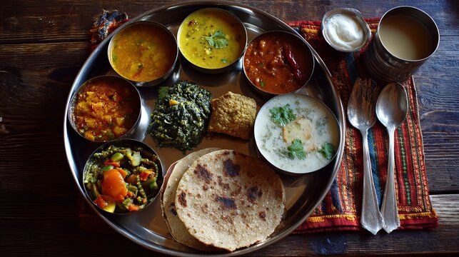 A traditional Indian thali meal served on a silver platter with various curries and flatbread