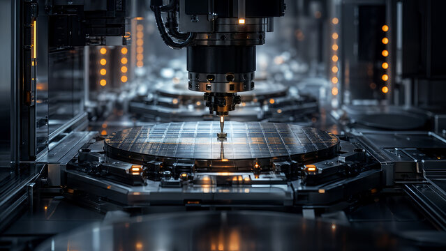 High precision robotic machining system advanced semiconductor manufacturing industrial automation futuristic production environment