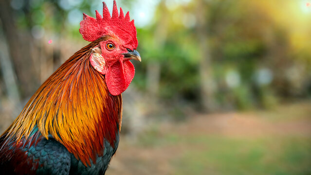 Profile portrait of a vibrantly colored rooster featuring a striking red comb, golden hackles, and iridescent plumage against a warm, sunlit blurred natural background.