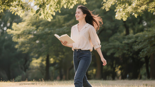 Smiling Woman Reading Outdoors in Summer Park, Enjoying Nature