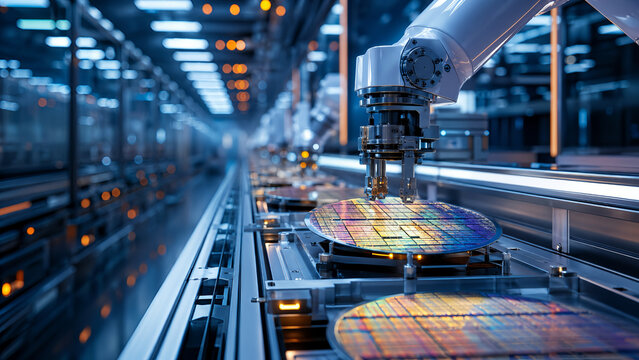 Robotic arm semiconductor wafer manufacturing process advanced automation clean high tech factory environment
