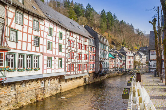 Colorful half timbered houses at the Ruhr river in Monschau, Germany