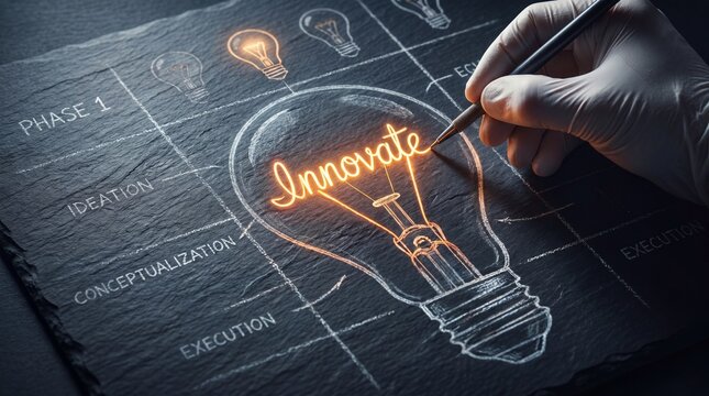 Hand drawing the word innovate inside a glowing light bulb sketch on a dark slate background