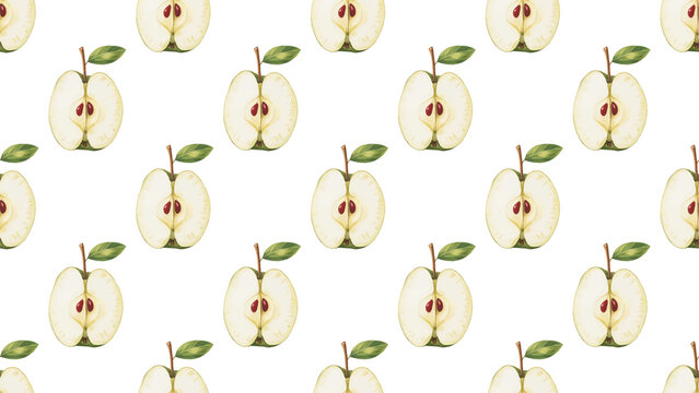 watercolor apple slice seamless pattern fresh fruit design, hand painted sliced apple repeat pattern minimal background, apple slice watercolor pattern for textile and packaging