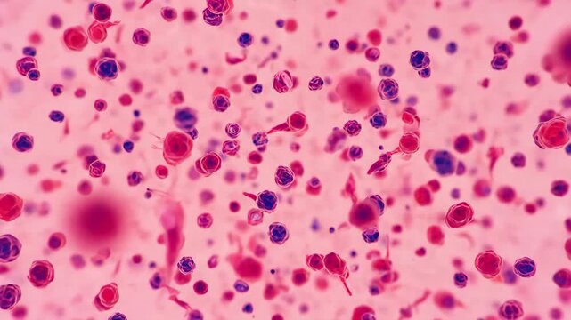 Microscopic view of blood cells in a stained smear sample