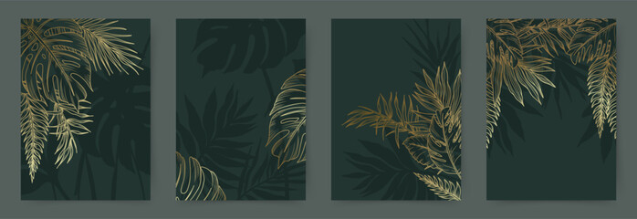 Obraz premium Luxury floral green backgrounds set. Tropical gold hand drawn line art exotic flowers and leaves. Vector design for poster, card, invitation, packaging, cover, banner, wall art, wallpaper