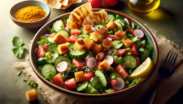 Fresh Lebanese Fattoush salad in a bowl with toasted pita bread, cucumbers, radishes, and tomatoes.