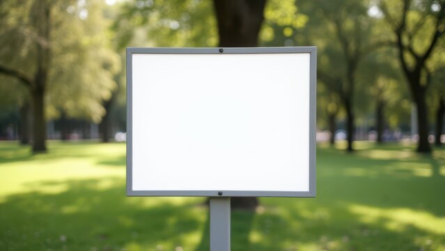 blank white information sign with copy space in park outdoor setting