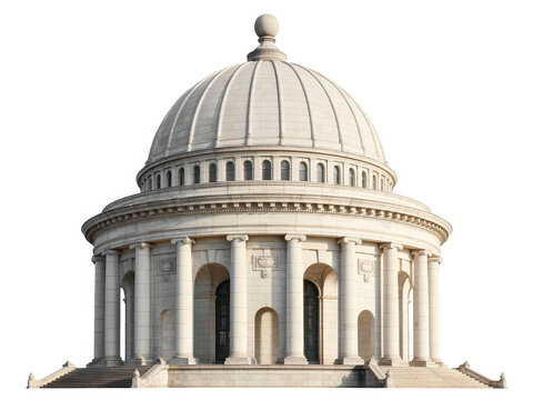 Classical rotunda building with arched entrances and dome on a white background