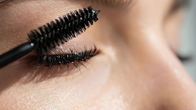 Close up of applying black mascara brush on natural eyelashes enhancing beauty wellness eye makeup cosmetic skin texture with delicate lashes and smooth skin care close up