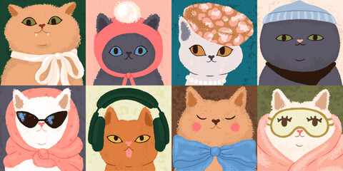 Head portraits of modern funny cats set. Cute pets, kitty characters wearing hats, glasses, bow accessory, headphones, sunglasses and scarf. Fashion style feline animals. Flat vector illustration © Good Studio