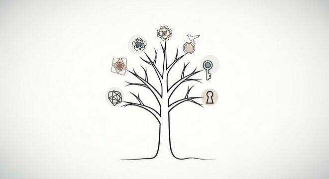 Conceptual tree illustration with symbolic elements against white background