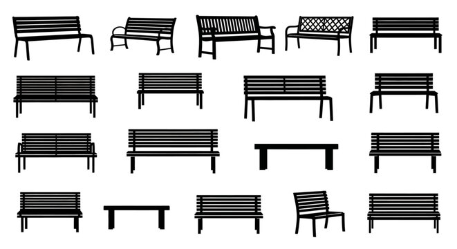 Collection of various black park benches and outdoor seating on white background furniture set