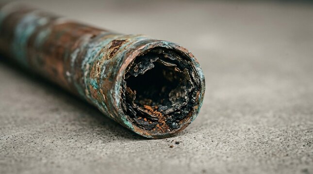 Old corroded copper pipe with internal calcification and mineral deposit. Damaged water plumbing system needing repair. Industrial metal decay and plumbing infrastructure failure concept.