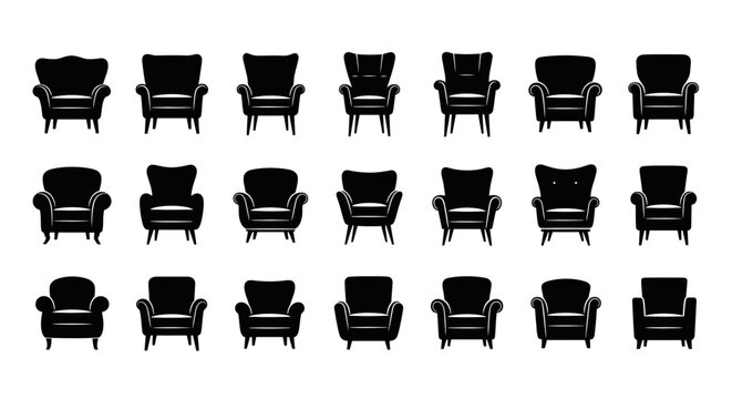 Collection of black armchairs in various styles and angles on white background furniture silhouettes for design and decoration