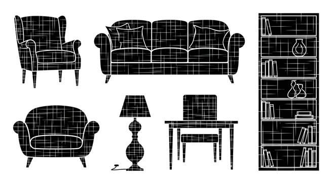 Wireframe living room furniture set with sofa armchairs lamp table and bookshelf black and white illustration