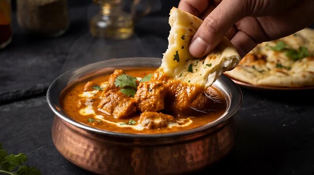 Dipping naan bread into creamy butter chicken curry representing the warmth of traditional Indian hospitality.