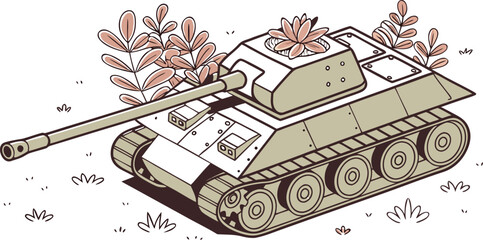 Illustration of a green military tank with a succulent plant growing out of the turret © S M Sajib
