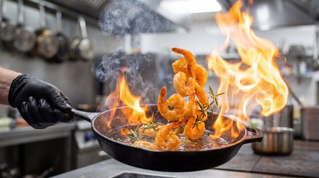 Chef Cooking Flaming Shrimp in a Hot Wok at Professional Restaurant Kitchen