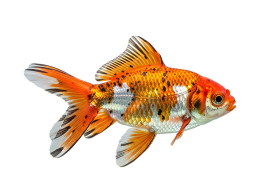 Vibrant orange and white fancy goldfish with flowing fins isolated on white background