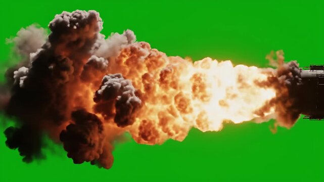 A powerful fiery explosion with billowing smoke, ideal for action scenes and special effects compositing.