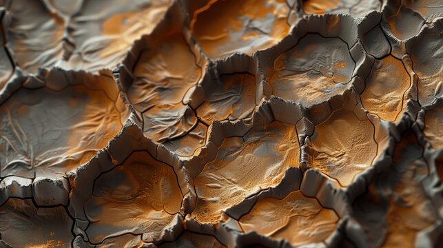 High-resolution macro 3D render in a pseudocolor scanning electron microscope style showing a dense layer of flattened hexagonal dead skin cells overlapping like slate roof tiles