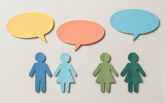 Paper cutouts show diverse people with colorful speech bubbles above