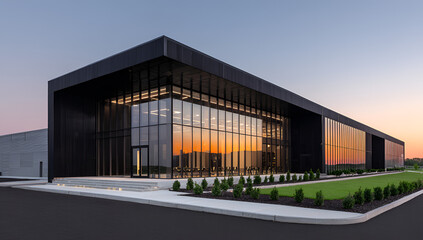 Obraz premium Modern Office Building with Glass Facade at Sunset.