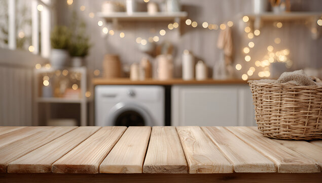 Empty wooden table with blurred background of a cozy laundry room decorated with string lights and a wicker basket.