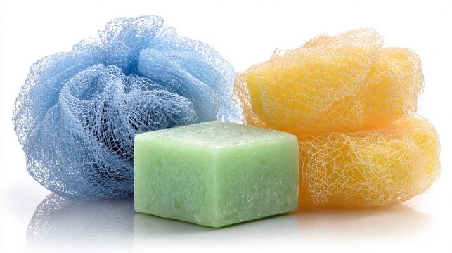 A bar of green soap and two loofahs in blue and yellow on a white background