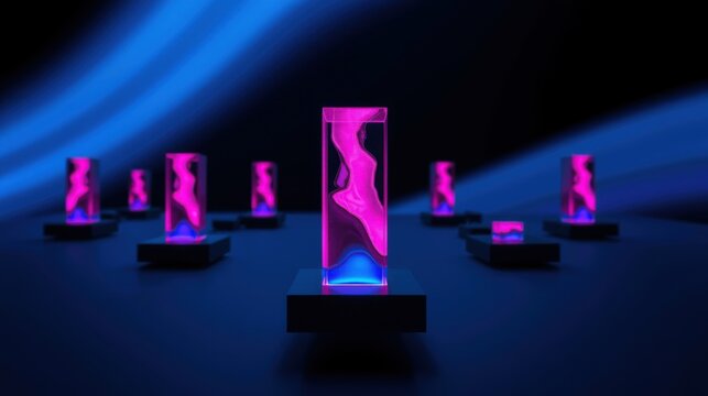 Glowing rectangular prisms stand upon dark platforms. Pink liquid swirls within translucent structures, illuminated by blue light. Minimalist scene, futuristic vibe.