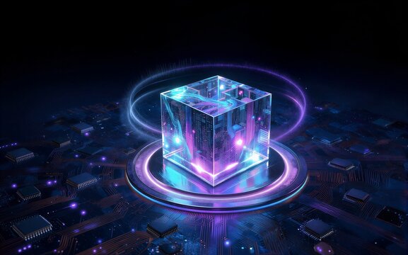 A glowing cube rests on a circuit board surrounded by neon rings and