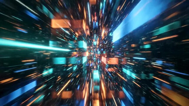 Vibrant digital tunnel with colorful lights.