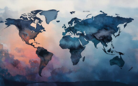 Watercolor world map with blue continents and warm sunset hues in the