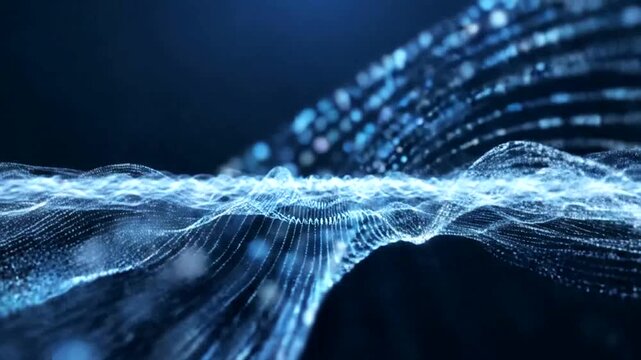 Futuristic digital wave of glowing blue particles on dark background.
