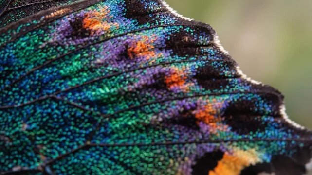 Iridescent butterfly wing close up vibrant blue green purple orange scales detailed texture intricate pattern colorful nature insect macro scale close up natural beauty vibrant colors