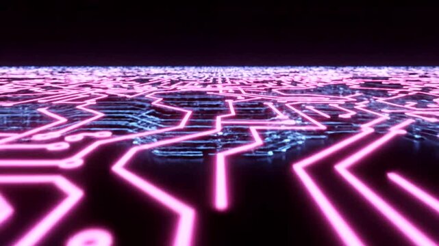 neon pink and blue circuit board design.