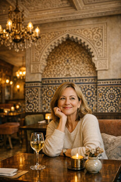 A woman sitting in a restaurant with her hand on her chin. She is smiling and appears to be enjoying herself.