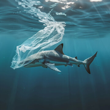 tibur&oacute;n con pl&aacute;stico en el oc&eacute;ano