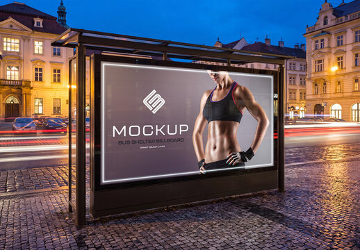 Horizontal Billboard Bus Shelter In European City at Night Mockup