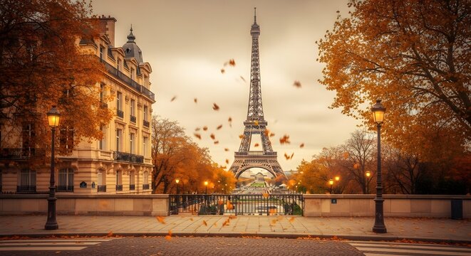 Eiffel tower in paris during autumn with leaves falling on a street