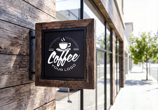 Black and Wooden Brand Storefront Signage Mockup
