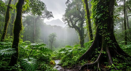 Obraz premium Misty forest with trees and green foliage