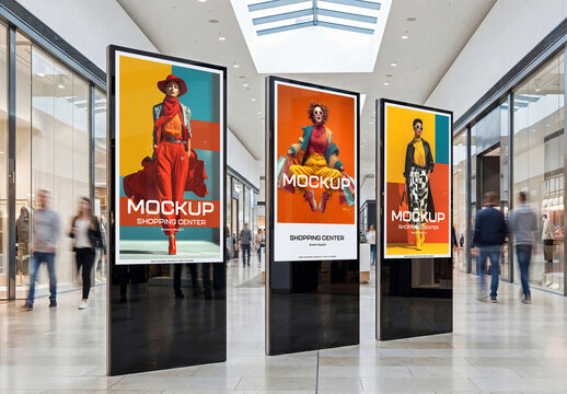 Three Billboards in Modern Shopping Center Interior Mockup