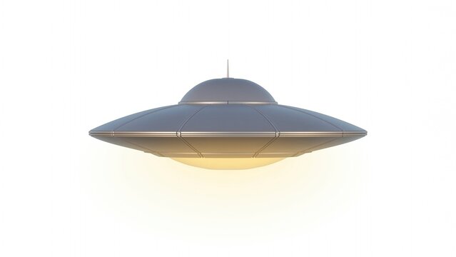 UFO vehicle hovers in the air while emitting a soft warm light from its circular base structure.